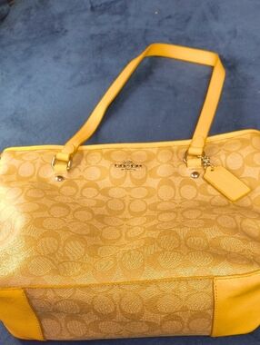 Coach Yellow Signature Jacquard Shoulder Tote with Leather Trim